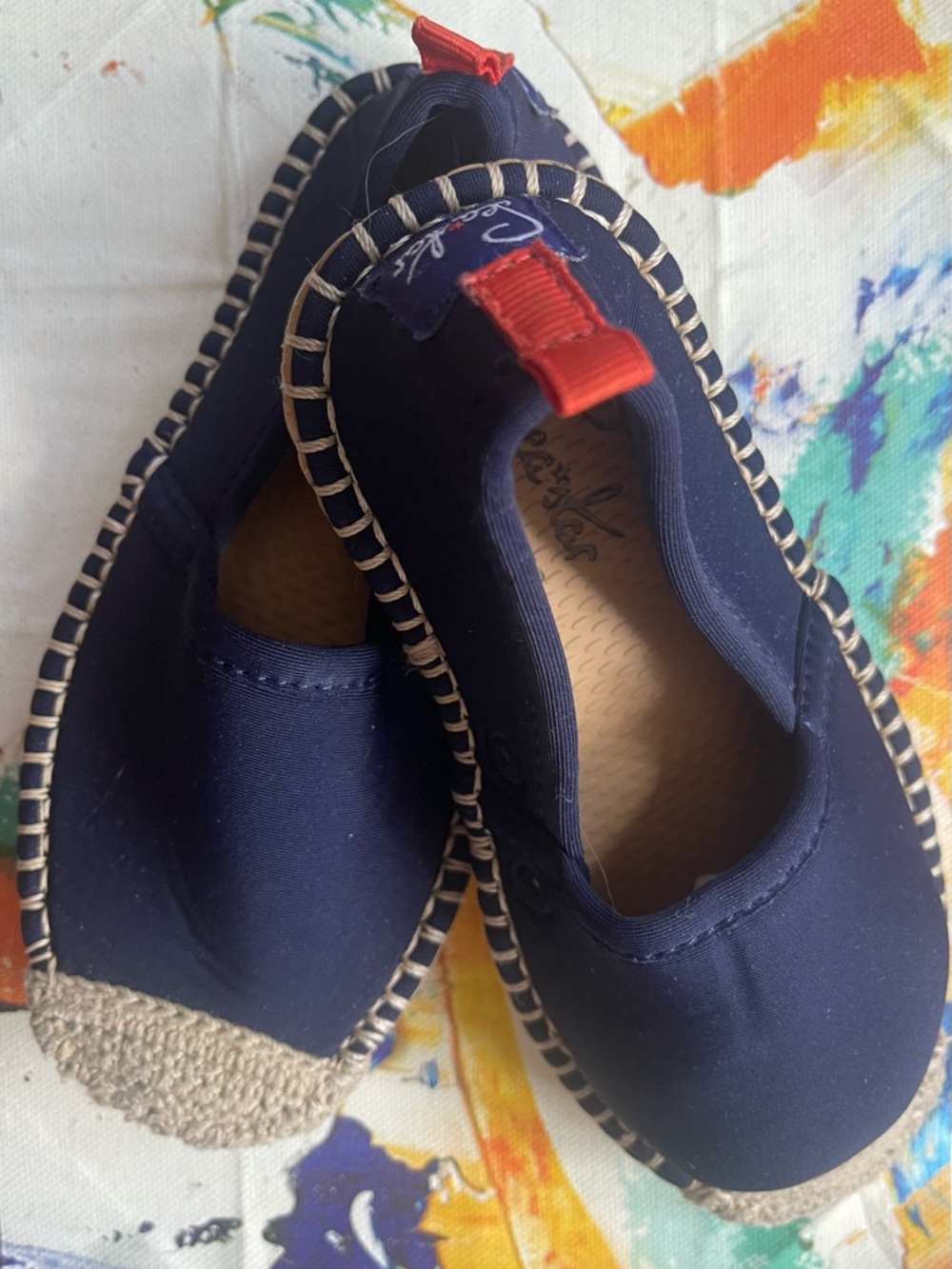 Size 9 Kids unisex Sea Star Espadrilles. Navy Slip-ons with Red Pull on tab.